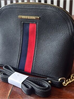 Black Women's Crossbody Bag with Red & Navy Stripe